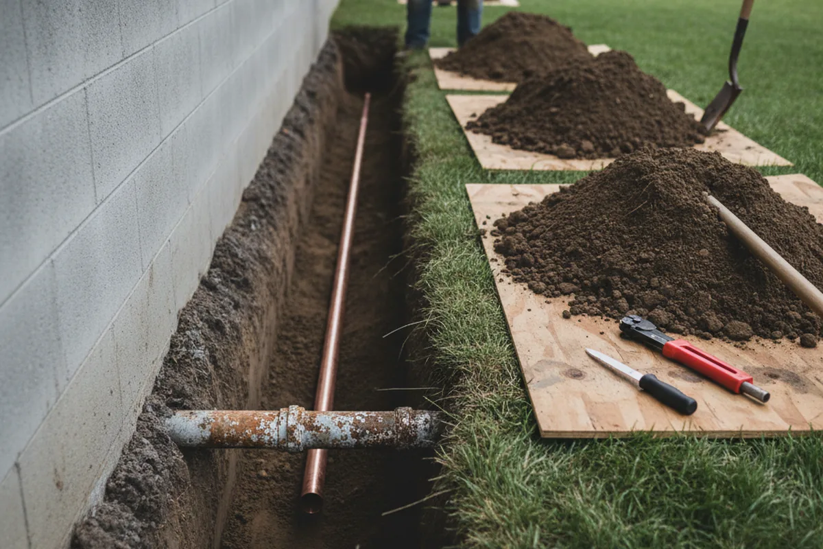 Excavated water line trench during Sewer Line Repair in Salem